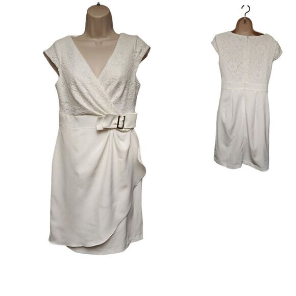 STUDIO ONE Off-White V-Neck Sleeveless Faux Wrap Sheath Dress Size 8 - Picture 1 of 6